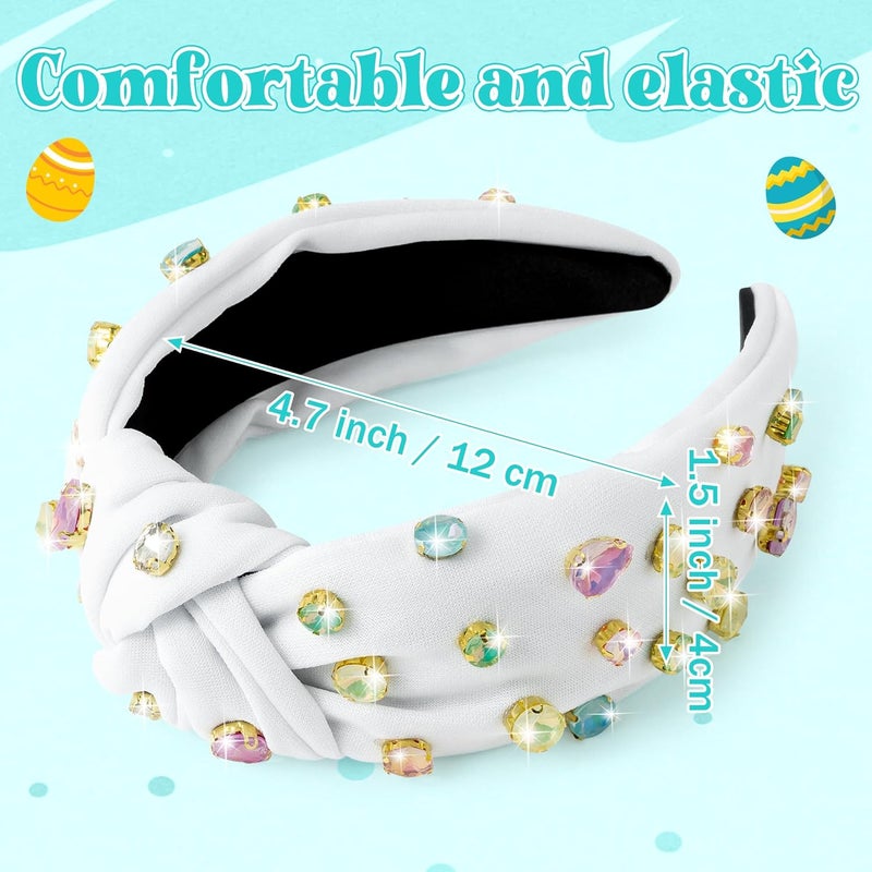 PANTIDE Easter Jeweled Knotted Headband - Colorful Rhinestone Crystal Embellished Headband Non Slip Wide Top Knot Costume Hairband Hair Accessories Spring Party Birthday Gift for Women Girls (White) - Image 2